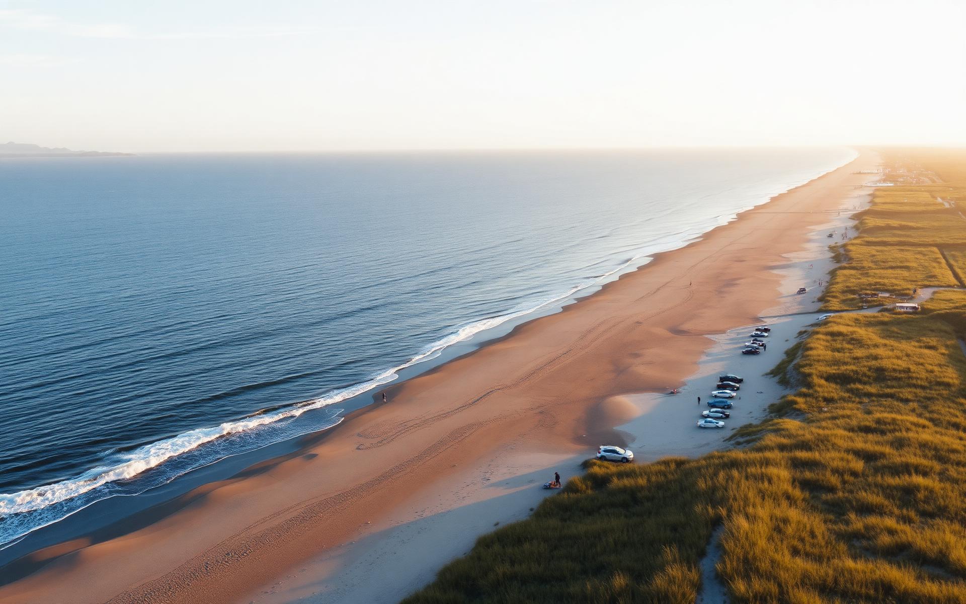 Aerial view of Moody Beach at golden hour